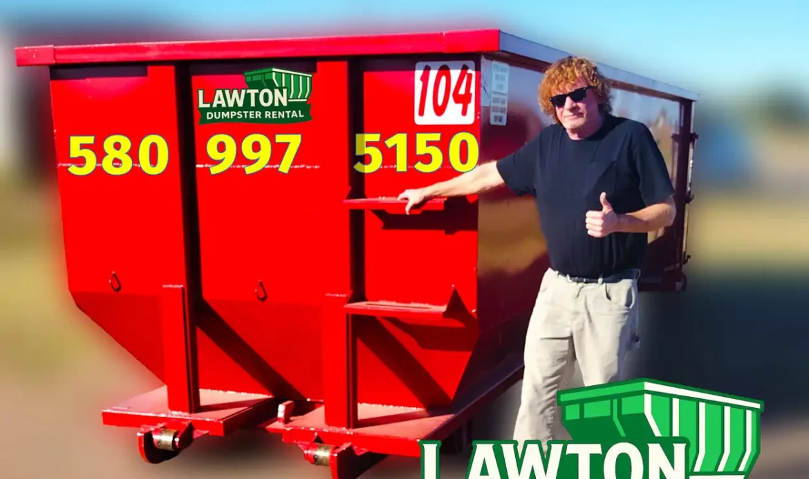 William Baker of Lawton Dumpster Rental standing beside a red roll-off dumpster in Lawton, Oklahoma, showcasing reliable and affordable dumpster rental services with phone number 580-997-5150.